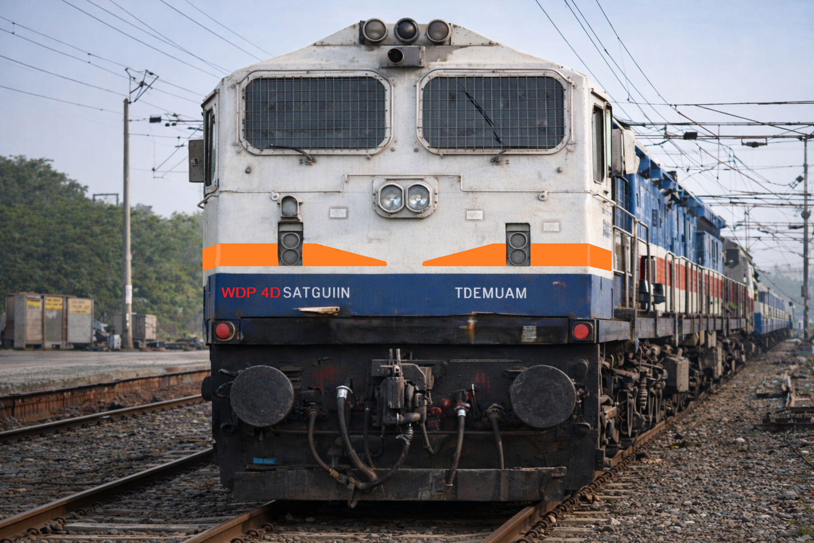 Front view of a train engine on tracks, highlighting industrial power.